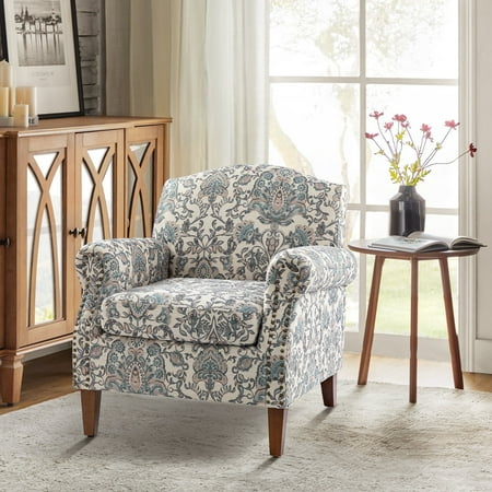 Upholstered Floral Armchair Single Sofa Accent Chair Nailhead Trim Removable Cushion Wooden Tapered Legs Home Living Room Blue