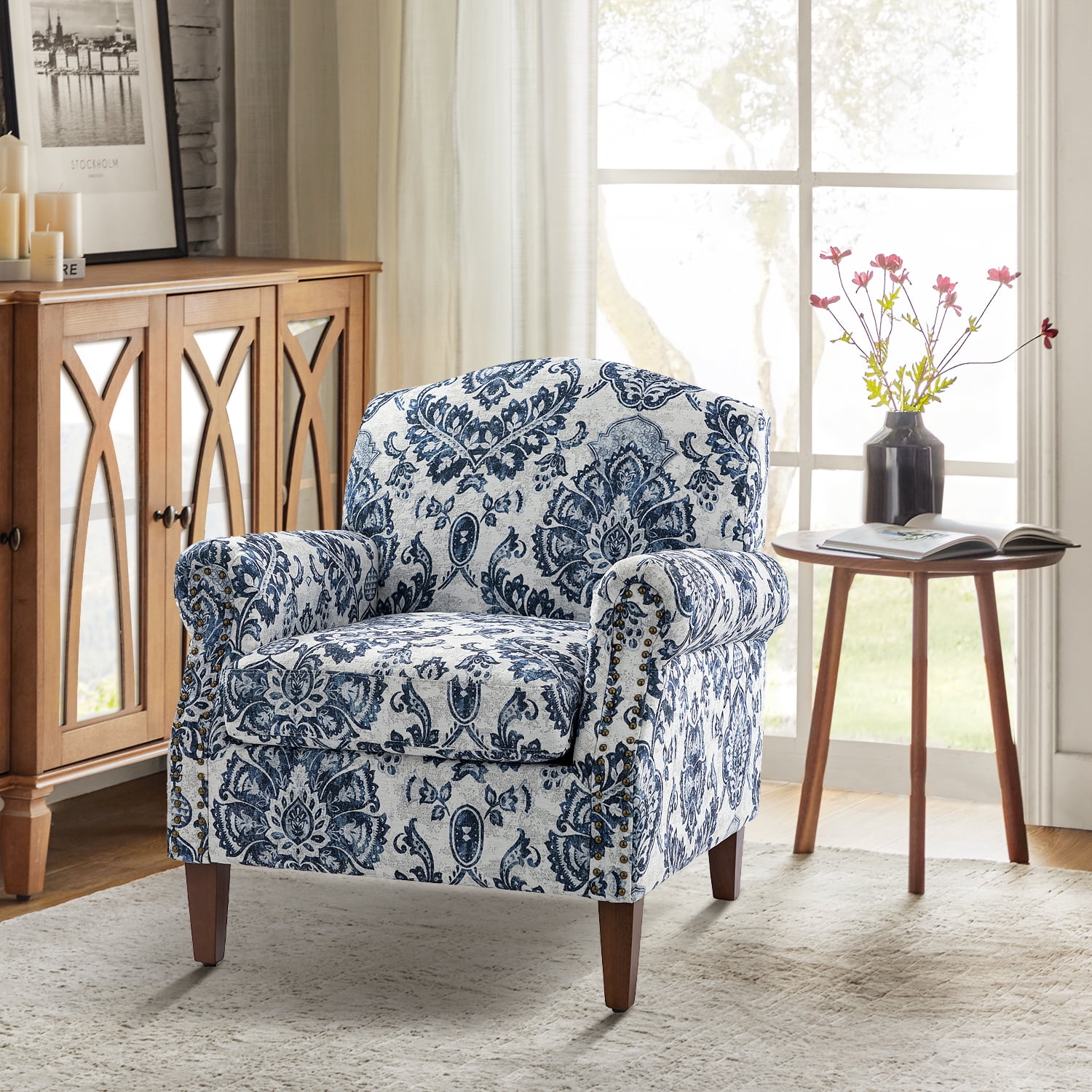 Upholstered Floral Armchair Single Sofa Accent Chair Nailhead Trim Removable Cushion Wooden