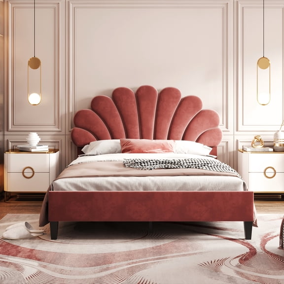 Upholstered Flower Pattern Headboard Bed - Full Size, Bean Paste Red, Robust Wood Construction, Extra Support Slats Red With Velvet Platform, Stable Slat System, Easy Setup