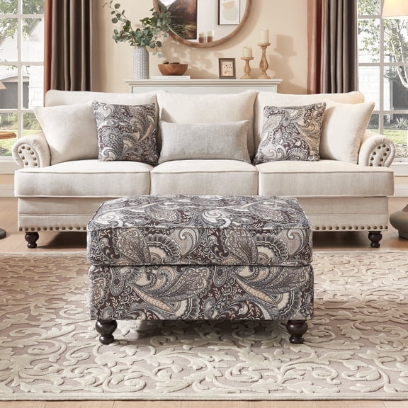 Upholstered Foot Stool Ottoman, Foot Rest with Wooden Legs, Mid-Century Floral Paisley Pattern Footstool Ottomans for Living Room, Bedroom, Entryway