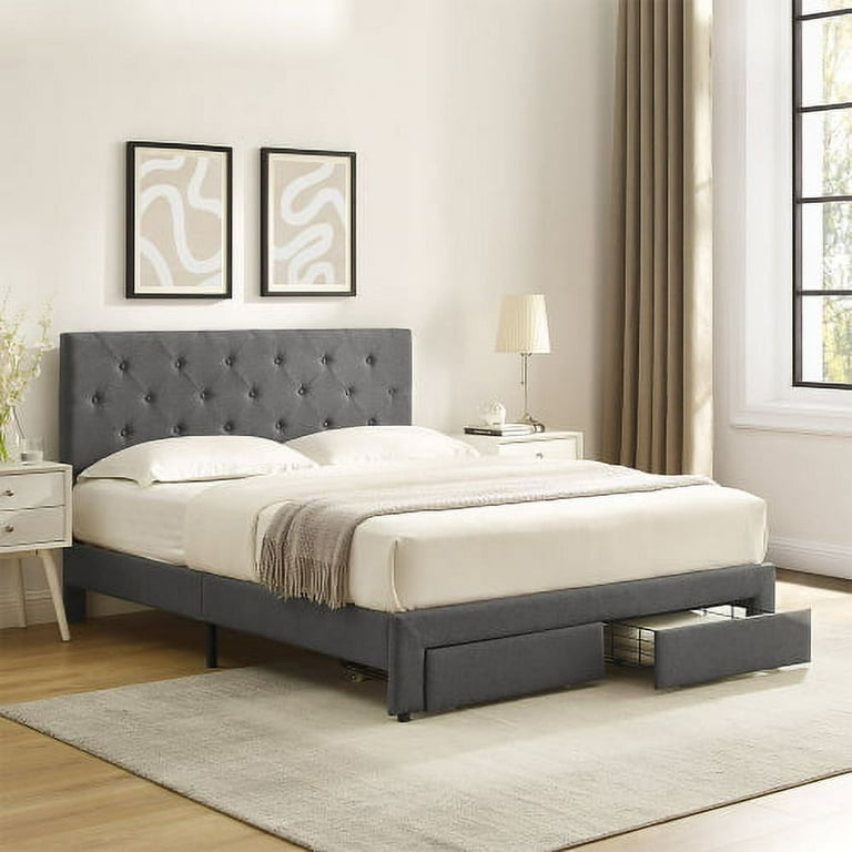 Upholstered Full Bed with 2 Drawers,Full Size Platform Bed Frame with Button Tufted Headboard,Solid Wood Bed Frame with Slat Support,Full Upholstered Upholstered Full Bed with 2 Drawers,Full Size Platform Bed Frame with Button Tufted Headboard,Solid Wood Bed Frame with Slat Support,Full Upholstered
