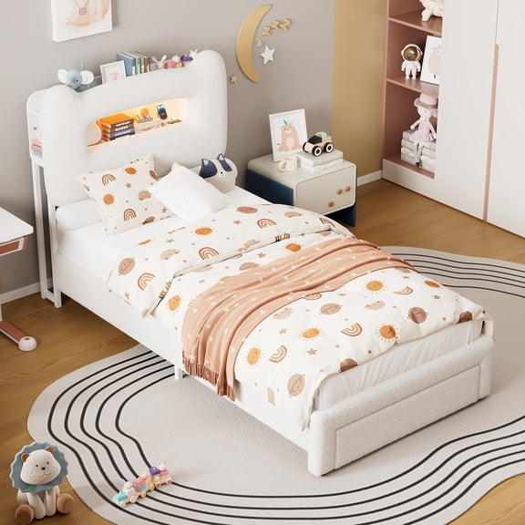 Upholstered Full Bed Frame with 2-Tier Storage Headboard. LED Platform Bed with Charging Station and Drawer for Teens/Girls/Boys. Heavy-duty Metal Support. offwhite