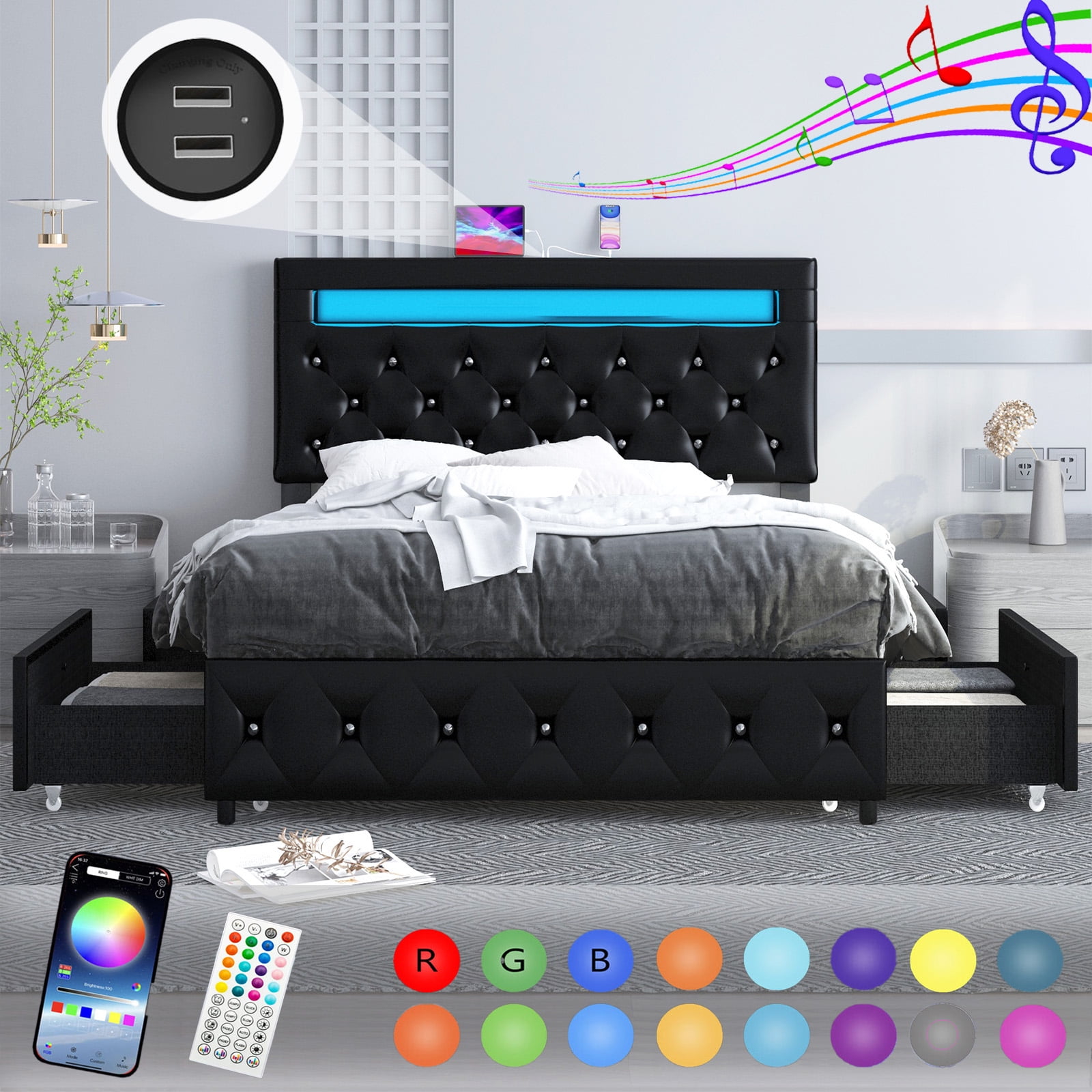 Upholstered Full Bed Frame with LED Lights Headboard & 4 Storage