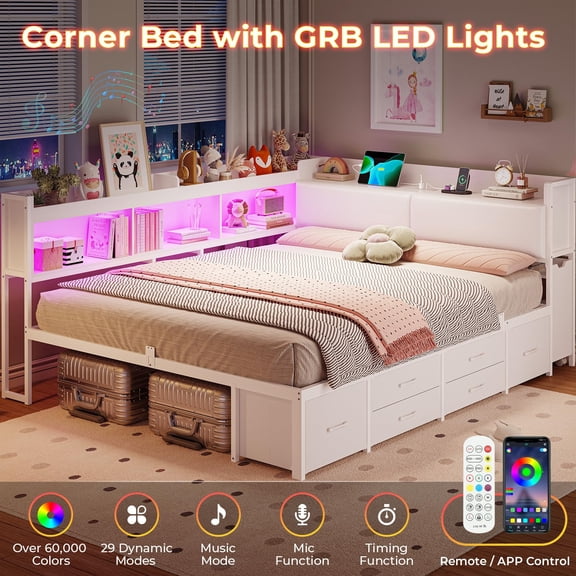 Upholstered Full Corner Bed Frame with Storage, 14''H Under LED Daybed Frame with Pull-Out Cabinet and Charging Station & 6 Drawers Underneath for Living Room,Bedroom & Guest Room, White