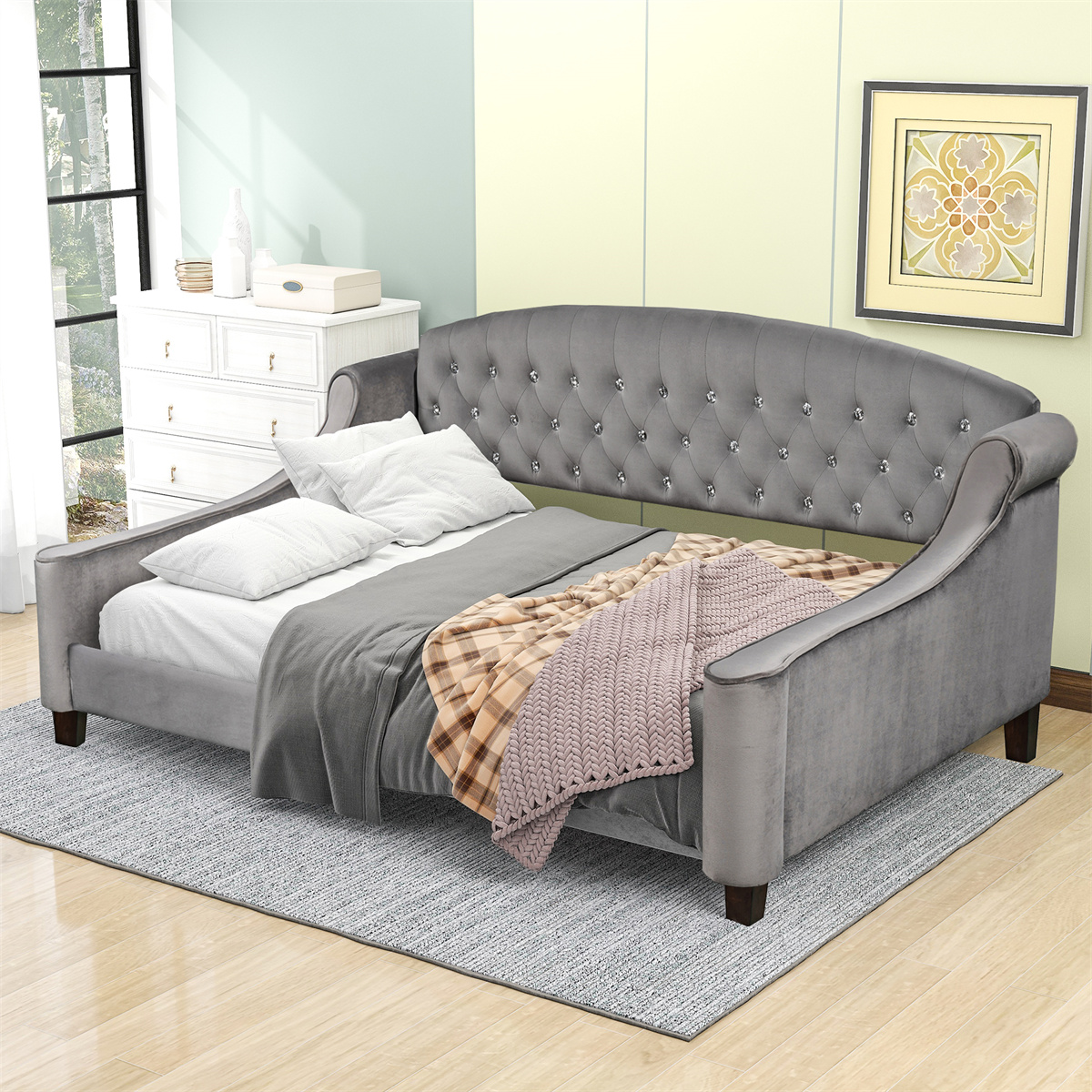 Upholstered Full Daybed, Full Size Daybed with Tufted Button Wingback