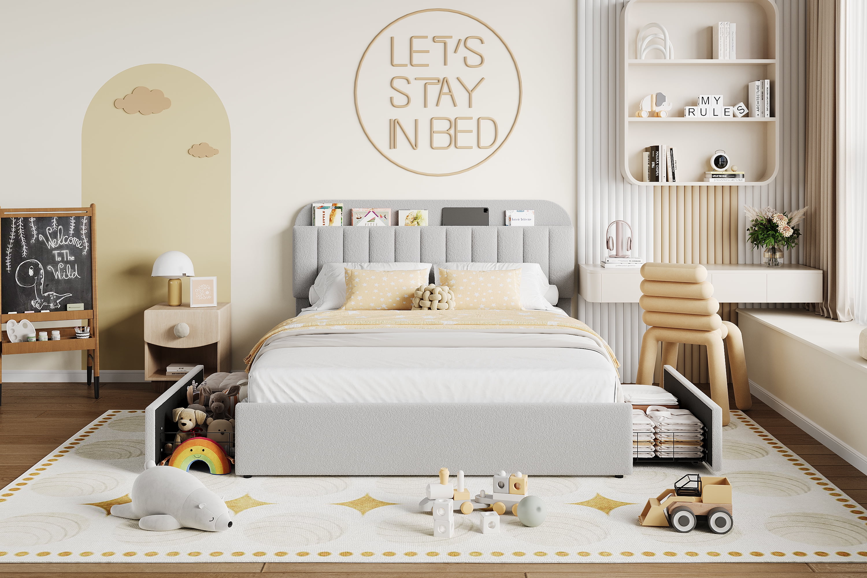 Upholstered Full Platform Bed, Full Size Bed Frame with Storage Underneath and Headboard, Wood Platform Bed for Bedroom (Gray)