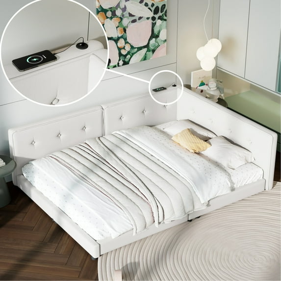 Upholstered Full Platform Bed With Ports And A Fabric In Beige Size Relaxing Ambiance