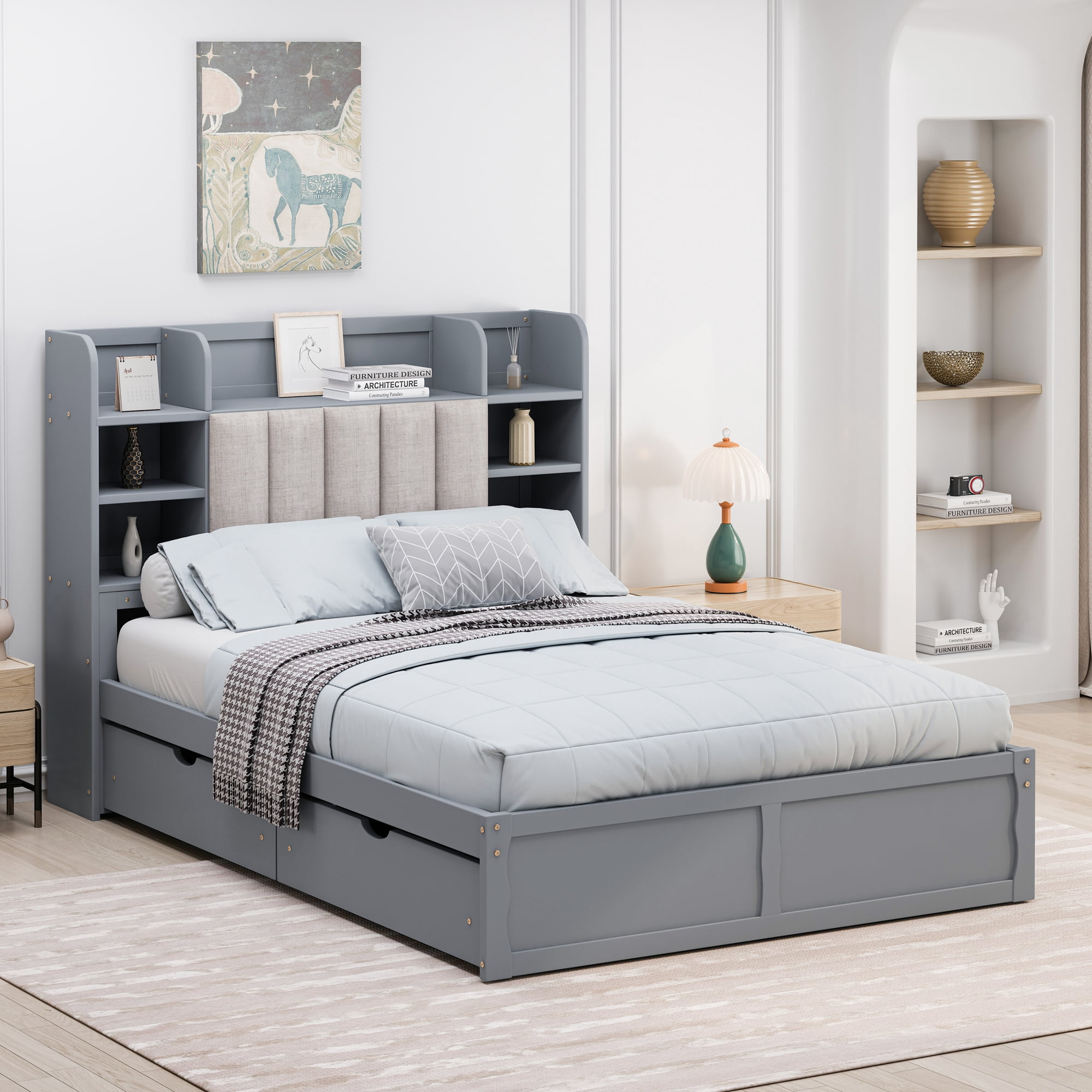 Upholstered Full Size Bed Frame with 4 Storage Drawers and Headboard ...