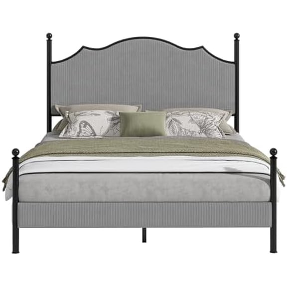 Upholstered Full Size Bed Frame with 51.2" Tall Headboard, Metal Four Poster LED Beds for Bedroom, Easy Assembly, Wooden Slats, Grey