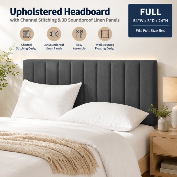 Upholstered Full Size Headboard with Easy Assembly, Wall Mounted Floating Headboard, Grey Channel Stitch Design and 3D Soundproof Panels