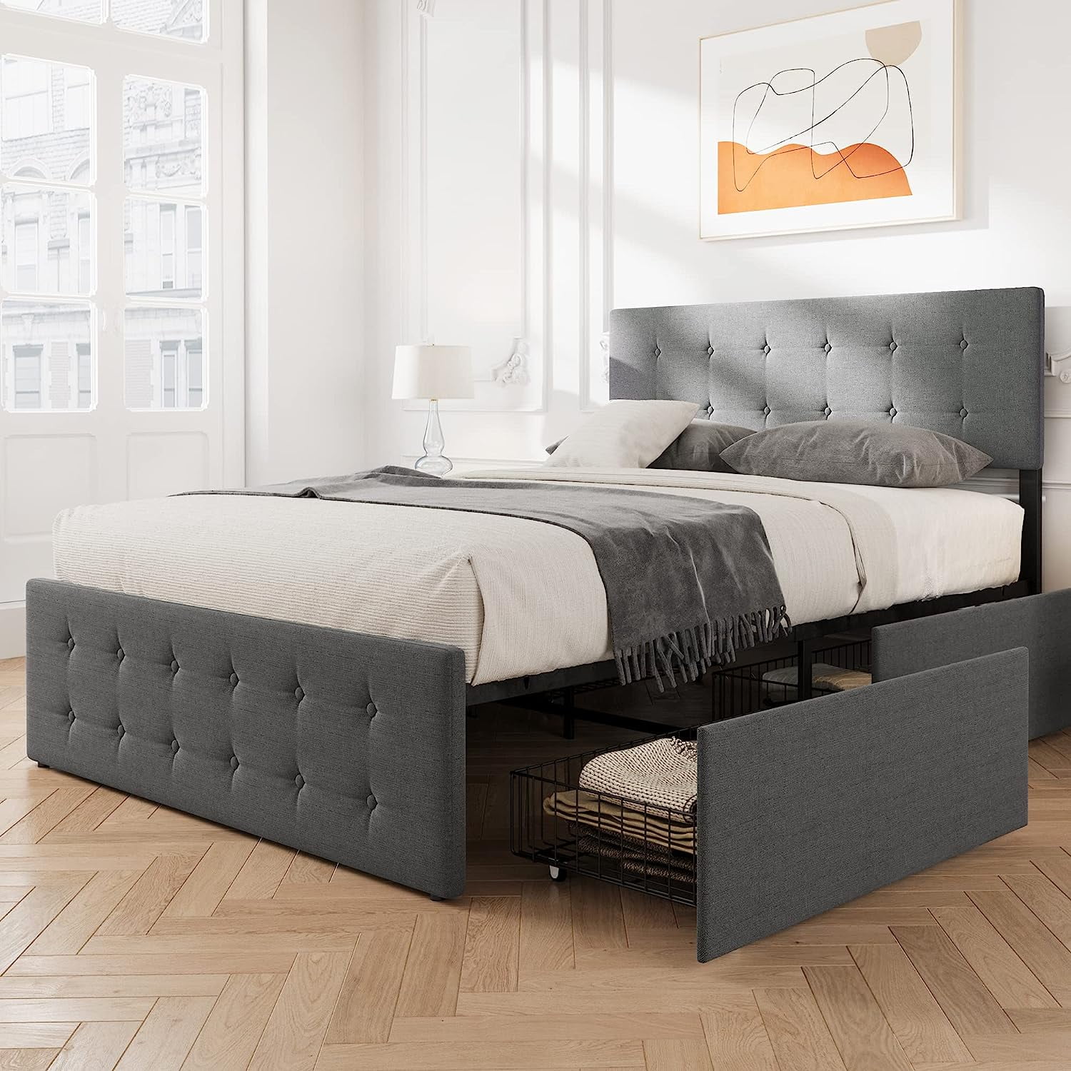 Queen Size Bed Frame - Metal Wood Complete Bed Platform with White ...