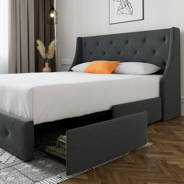 Upholstered Full Size Platform Bed Frame with 4 Storage Drawers and Wingback Headboard, Diamond Stitched Button Tufted Design, No Box Spring Needed, Dark Grey