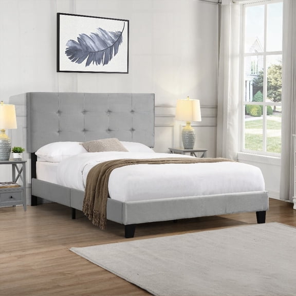 Full Size Upholstered Platform Bed Frame with Tufted Headboard & Pull Point, Wood Slat Support, Mattress Foundation, No Box Spring, Easy Assembly - Gray