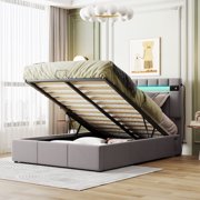 Upholstered Full Size Platform Bed with LED light, Bluetooth Player and USB Charging, Velvet Bed frame with Hydraulic Storage and Slat Support, for Kids, Teens, Bedroom, Gray