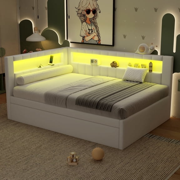 ChenyueFurn Full Upholstered Platform Bed, USB Ports, LED Strip & Pull Out Trundle