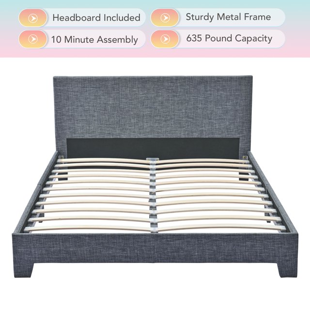 Upholstered Full Sized Steel Bed Frame with Headboard & Wood Slats