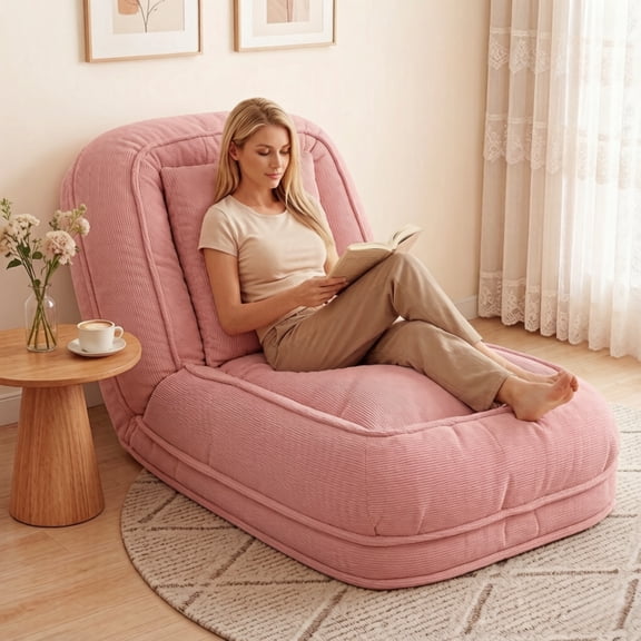 Upholstered Futon Sofa Bed for Adults, Foldable Recliner Sofa Chair with 5 Adjustable Position, Lazy Chaise Lounge with Pillow-Seat