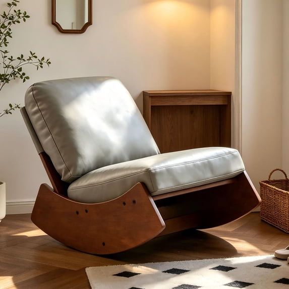 Upholstered Glider Chair, Faux Leather with Solid Wood Frame, Accent Furniture for Bedroom and Living Room, Blue