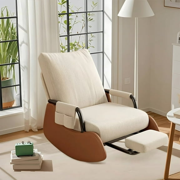 XUEGW Upholstered Glider Rocking Chair for Nursery, Soft Corduroy Accent Chair with Side Pocket & Adjustable High Backrest, Rocker with Footrest for Living Room Bedroom, Beige