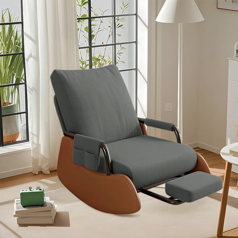 XUEGW Upholstered Glider Rocking Chair for Nursery, Soft Corduroy Accent Chair with Side Pocket & Adjustable High Backrest, Rocker with Footrest for Living Room Bedroom, Dark Gray