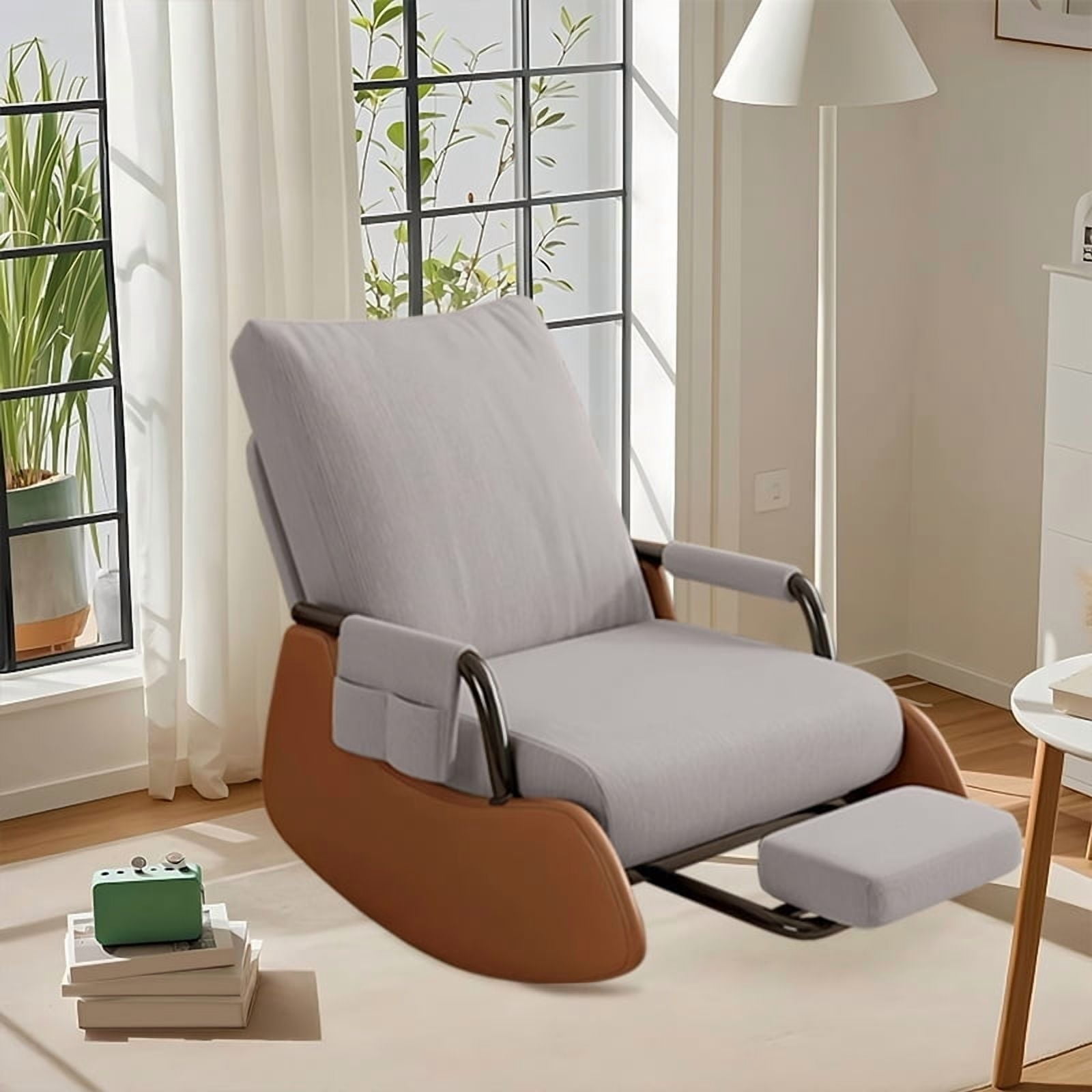 XUEGW Upholstered Glider Rocking Chair for Nursery, Soft Corduroy Accent Chair with Side Pocket & Adjustable High Backrest, Rocker with Footrest for Living Room Bedroom, Gray
