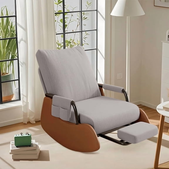 XUEGW Upholstered Glider Rocking Chair for Nursery, Soft Corduroy Accent Chair with Side Pocket & Adjustable High Backrest, Rocker with Footrest for Living Room Bedroom, Gray