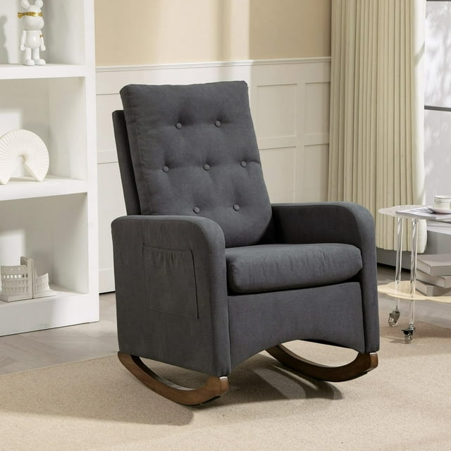 Upholstered Glider Rocking Chair with Side Pocket - Teddy Fabric Nursing Chair for Nursery & Living Room, High Back Ergonomic Rocker with Rubber Wood Base