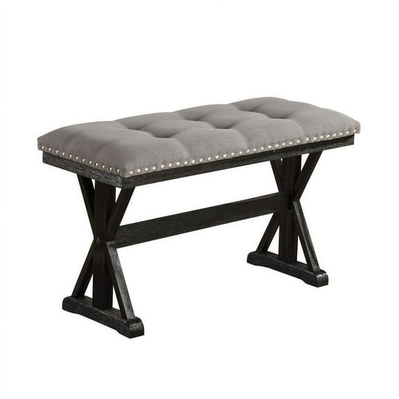 Upholstered Gray Linen Fabric Counterheight Bench with Tufts