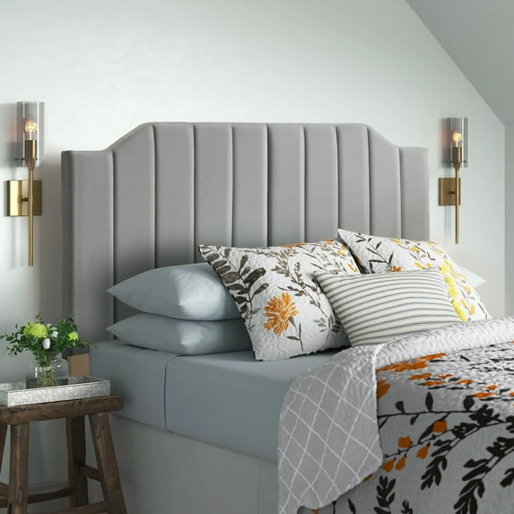 Upholstered Headboard, Adjustable Height Queen Headboard, Soft Padded Tufted with Curved Solid Wood Head Board, Grey