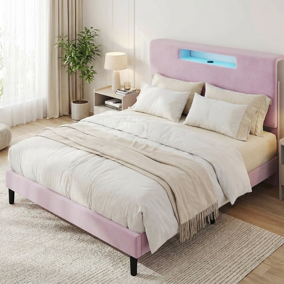 Upholstered Headboard Full Bed Frame, Velvet LED Bed with USB Type C Charging Port Adjustable Lights for Mattress Support