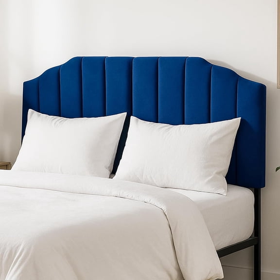 Upholstered Headboard for Full/Queen Beds - Arched Headboard Wall Mount & Bed Frame Mount, Adjustable Height, Velvet Tufted Modern Vertical Channel Design (Blue, Queen)