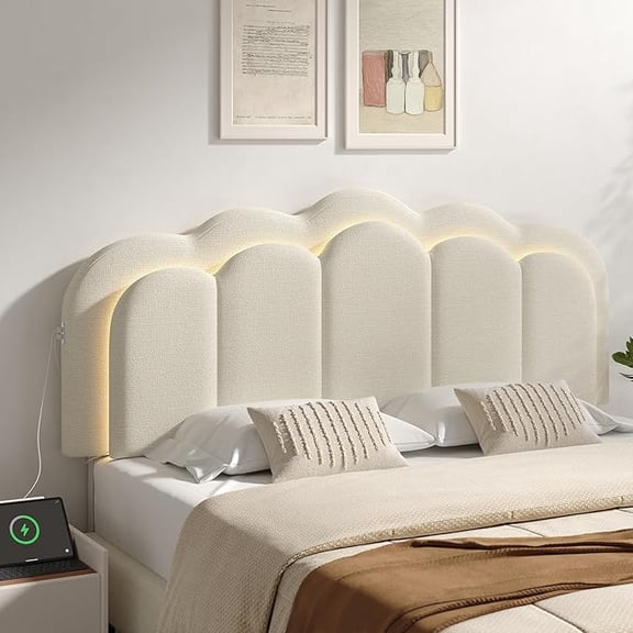 Upholstered Headboard Full/Queen Size with USB & Type C Port, Linen Double Wavy Headboard with RGB LED Light, Adjustable Height from 44.4" to 53.1", Attach Frame, Easy Assembly