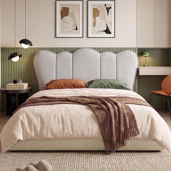 Upholstered Headboard Gray Scalloped Bed Backboard, Modern Padded Freestanding Headboard for  Size Bed Frame, Luxury Bedroom Furniture