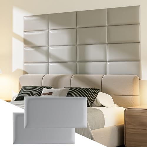 Upholstered Headboard Panels, 4 Panels Sized 7.8" x 15.7" Peel and Stick Padded Wall Panels for Kids, 3D Anti-Collision Wall Mounted Bed headboard for Full, Grey