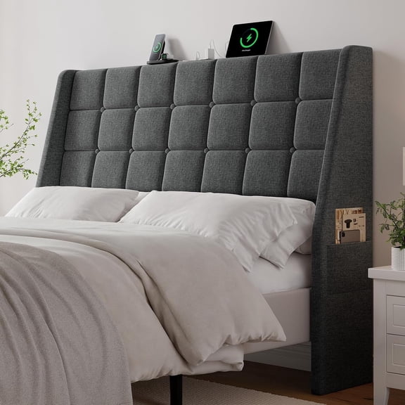 Upholstered Headboard  Size w/ Station, Linen Wingback Headboards w/Storage Pocket,  Headboard Only, Bed Frame Adapters, Sturdy  Solid  Bed  Board, Dark Grey
