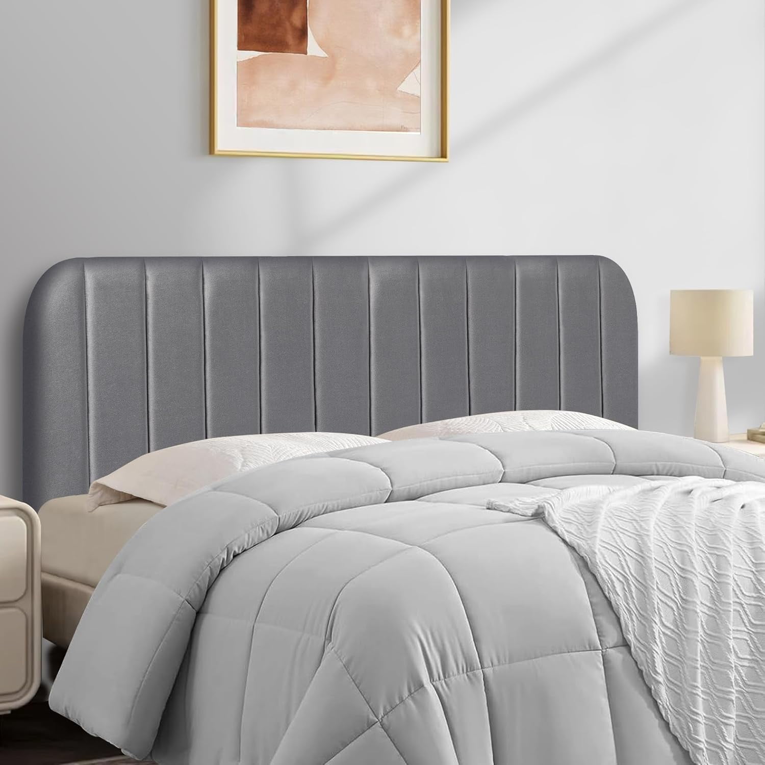 Fabric & Metal Upholstered Headboard - Full/Queen Size, Striped Grey With Diamond Tufting