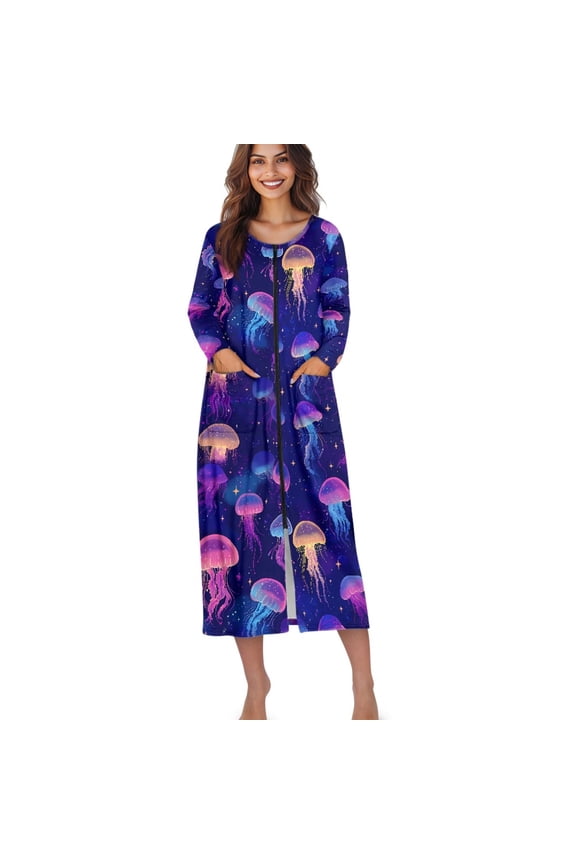 Jellyfish Star Print Women's Zipper Front Robes Long Sleeve Nightgown Round Neck Sleepwear Full Length Pajama Dress with Pockets Loungewear, XL
