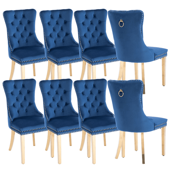 Upholstered High-end Dining Chairs,Tufted Side Chair with Golden Stainless Steel Plating Legs,Nailhead & Back Ring Pull Trim, Kitchen Dining Room Furniture,Tufted Dining Chairs(Blue,Set of 8)