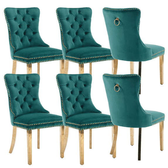 Upholstered High-end Dining Chairs,Tufted Side Chair with Golden Stainless Steel Plating Legs,Nailhead & Back Ring Pull Trim, Kitchen Dining Room Furniture,Tufted Dining Chairs(Green,Set of 6)