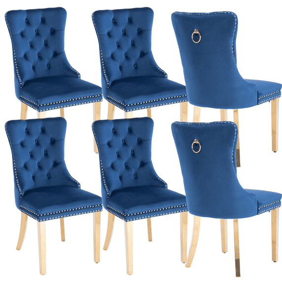 Upholstered High-end Dining Chairs,Tufted Side Chair with Golden Stainless Steel Plating Legs,Nailhead & Back Ring Pull Trim, Kitchen Dining Room Furniture,Tufted Dining Chairs(Blue,Set of 6)