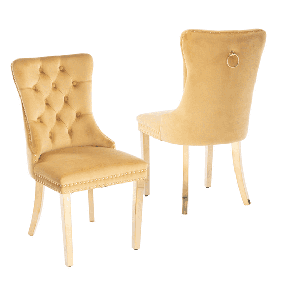 Upholstered High-end Dining Chairs,Tufted Side Chair with Golden Stainless Steel Plating Legs,Nailhead & Back Ring Pull Trim, Kitchen Dining Room Furniture,Tufted Dining Chairs(Gold,Set of 2)