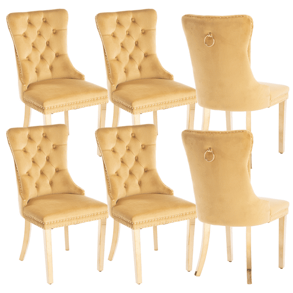 Upholstered High-end Dining Chairs,Tufted Side Chair with Golden Stainless Steel Plating Legs,Nailhead & Back Ring Pull Trim, Kitchen Dining Room Furniture,Tufted Dining Chairs(Gold,Set of 6)