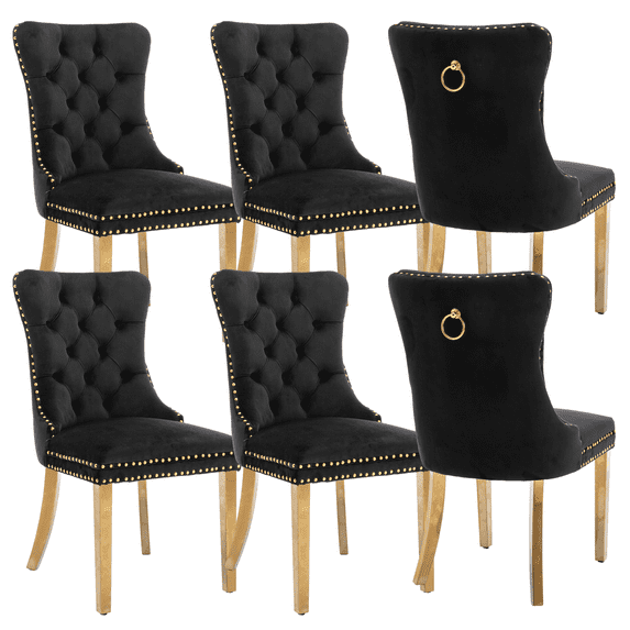 Upholstered High-end Dining Chairs,Tufted Side Chair with Golden Stainless Steel Plating Legs,Nailhead & Back Ring Pull Trim, Kitchen Dining Room Furniture,Tufted Dining Chairs(Black,Set of 6)