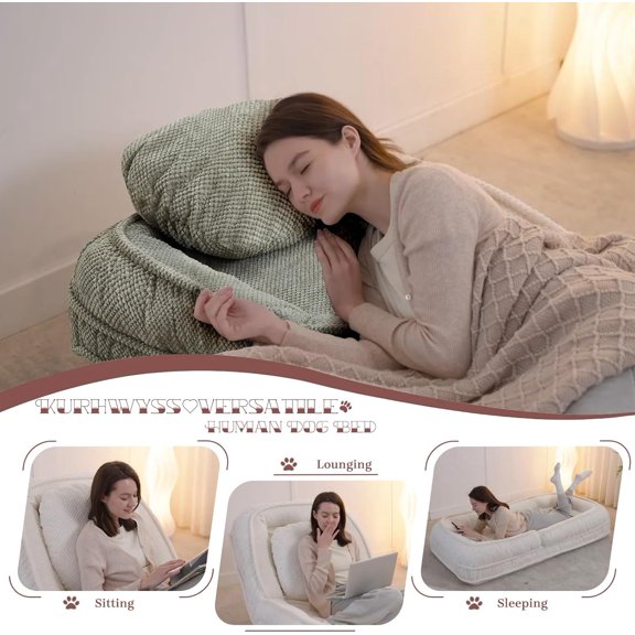 Upholstered Human Dog Bed for Adult & Pets, Convertible Lazy Sofa Bed with 5 Adjustable Position, Tatami Bean Bag Lounge Chair with 2 Soft Pillows for Bedroom Living Room Office (Green)