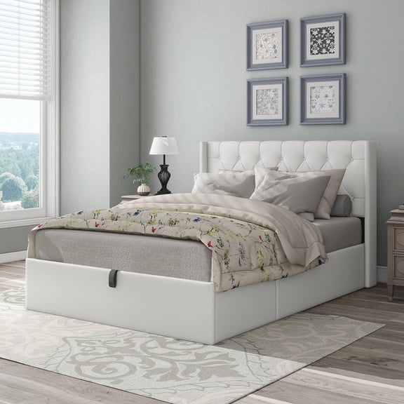 Upholstered Hydraulic Lift Up Storage Platform Bed,Full Size,Cream
