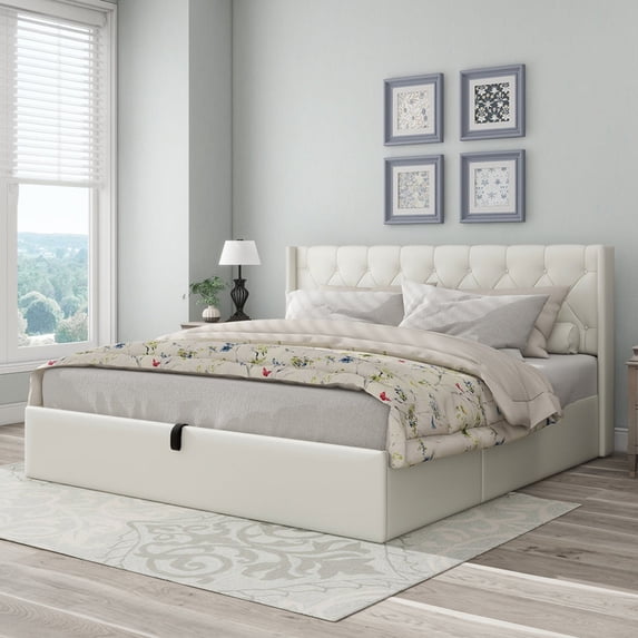 Upholstered Hydraulic Lift Up Storage Platform Bed,King Size,Cream