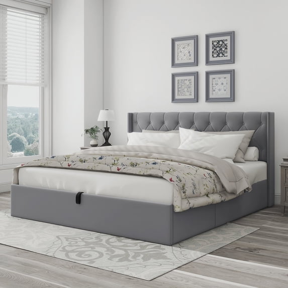 Upholstered Hydraulic Lift Up Storage Platform Bed,King Size,Grey