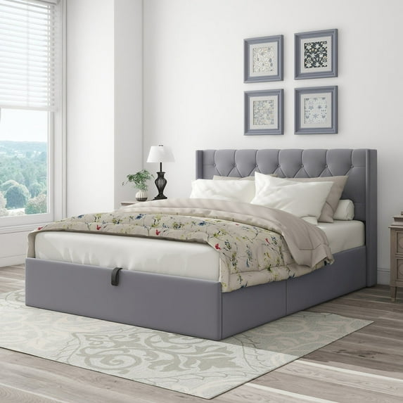 Upholstered Hydraulic Lift Up Storage Platform Bed,Queen Size,Grey