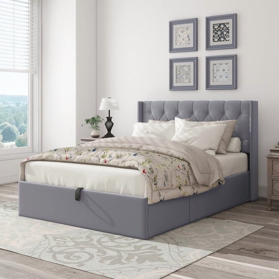 Upholstered Hydraulic Lift Up Storage Platform Bed,Queen Size,Grey