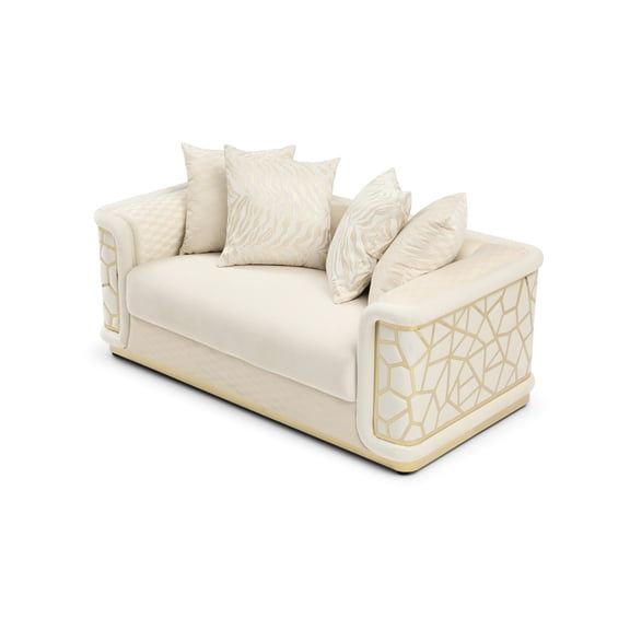 Upholstered Ivory Loveseat with Brass Trim / Enjoy Without Setup
